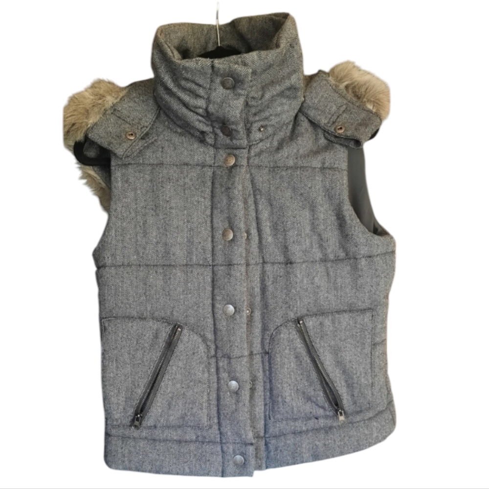 BB Dakota Y2k Wool Blend Gray Puffer Vest Faux Fur Hood